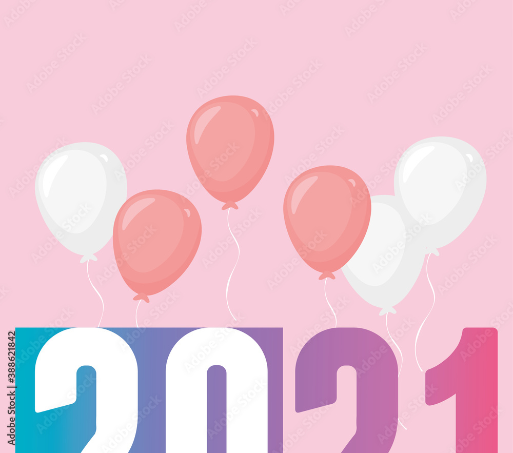 2021 happy new year, balloons decoration and celebration card
