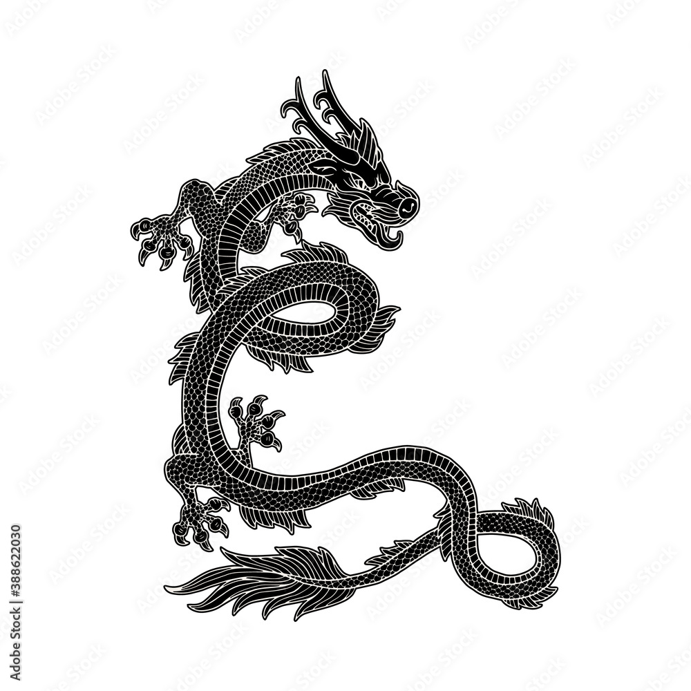 Black and white asian or chinese dragon cartoon vector illustration ...