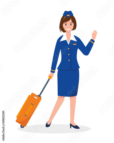 Stewardess wearing uniform with orange suitcase.