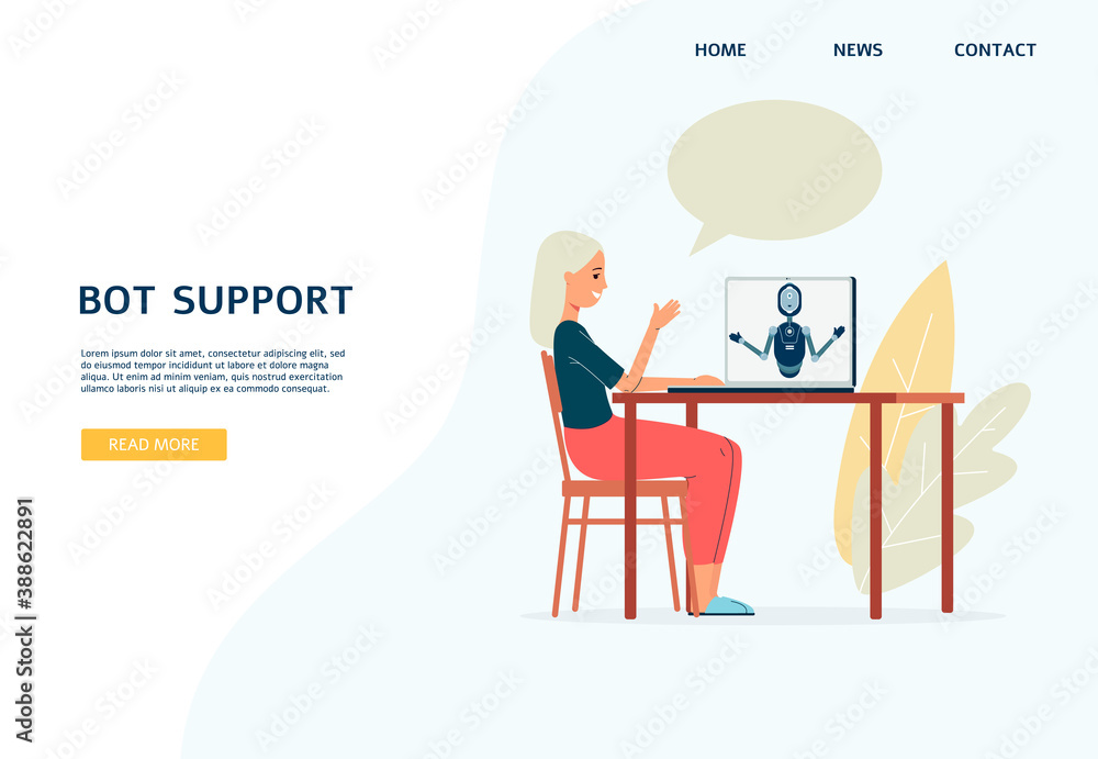Bot support web page with woman chatting with chatbot, flat vector illustration.