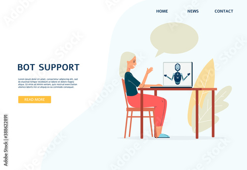 Bot support web page with woman chatting with chatbot, flat vector illustration.
