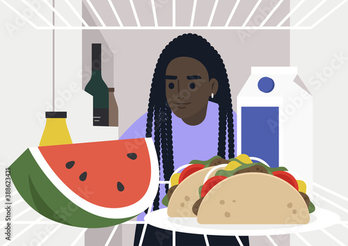 A young hungry female character looking into the fridge, lunch at home, a lockdown lifestyle