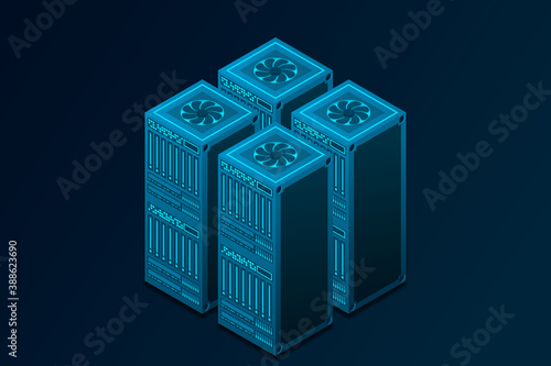 Datacenter isometric vector illustration. Abstract hosting server or data center room background. Network or mainframe infrastructure website layout. Computer storage or farming workstation.