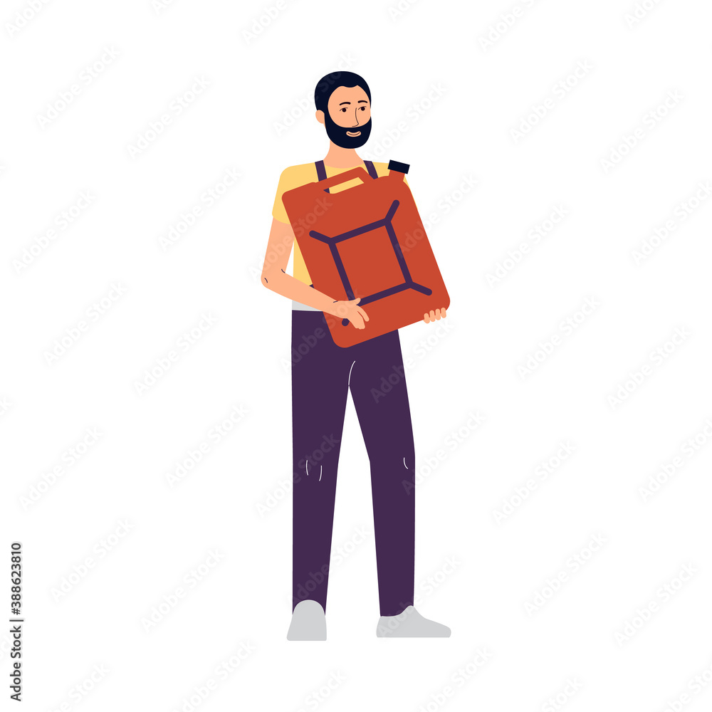Repair man holding can with gasoline, flat cartoon vector illustration isolated Repair man holding can with gasoline, flat cartoon vector illustration isolated