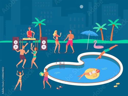 Night pool party background with dancing people flat vector illustration.