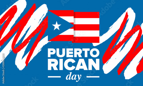 Puerto Rican Day. National happy holiday. Festival and parade in honor of independence and freedom. Puerto Rico flag. Latin american country. Patriotic elements. Vector poster illustration