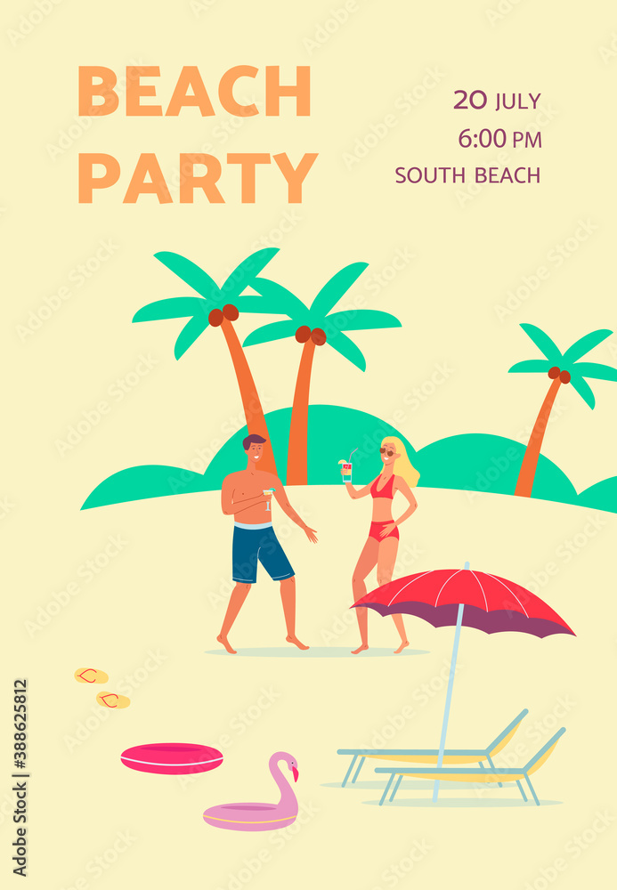 Fototapeta premium Summer beach party poster with people dancing flat vector illustration.