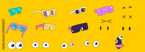 Vector illustration.Large set of cartoon eyes and collection of glasses.