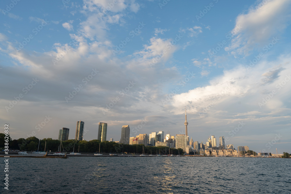 Toronto City Skyline at sunset from Trillium Park in Ontario Canada