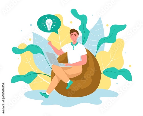 Cute young man sitting on comfy frameless chair with laptop computer. Concept male working freelance. Daily life of freelancer worker, everyday routine. Flat vector illustration, floral background.