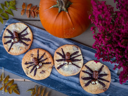 Homemade spider chocolate chip cookies on a dark marble plate. Pumpkin and fall flowers and leaves.