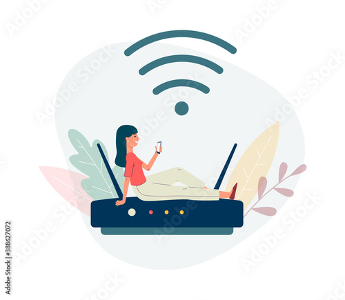 Tiny woman on remote wireless signal receiver, flat vector illustration isolated.