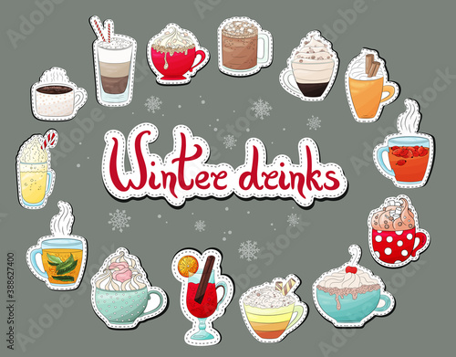 Winter drinks  stickers collection. Coffee, hot chocolate, eggnog,cacao, herbal tea, cream,mulled wine, latte, tea, grog. Hot drink icons vector set. Cozy holiday drink stikers set. Christmas beverage