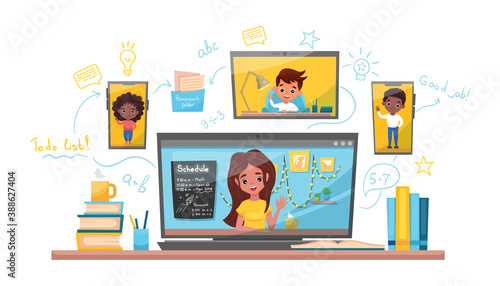 Online learning vector stock illustration. Study at home, online test, distance learning concept. Teacher gets the online lesson with students using a smartphone, laptop and tablet