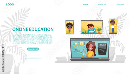 E-learning concept banner. Online education. Classmates using laptop and smartphones. Study at home with hand-drawn elements. Web courses or tutorials for learning. Vector flat cartoon illustration