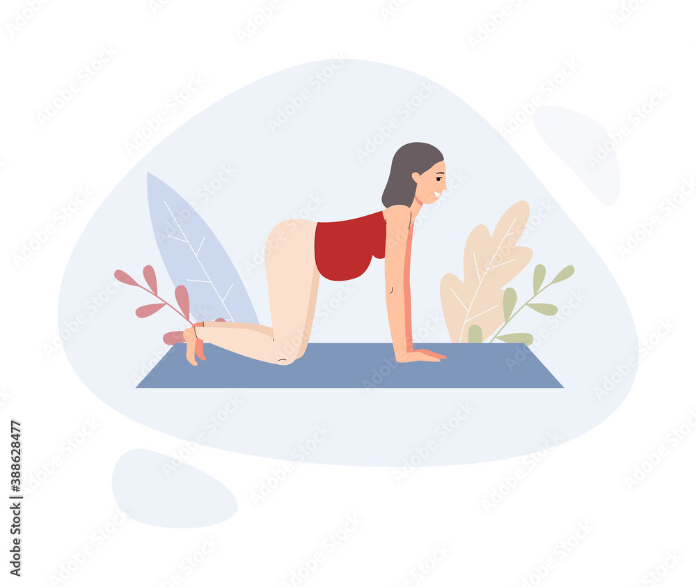 Pregnant woman doing yoga workout, flat vector illustration isolated on white.
