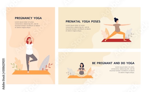 Yoga workout for pregnant responsive web banners set, flat vector illustration.
