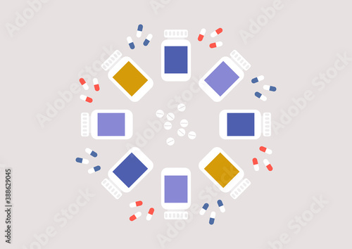 A kaleidoscope abstract pattern made of pills and capsules, antidepressants treatment, coronavirus remedy