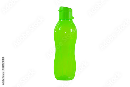 Green water bottle with white background