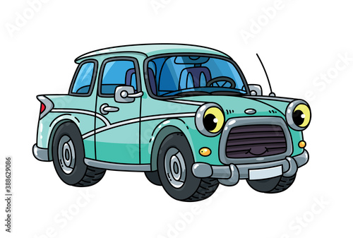 Funny small retro car with eyes. Vector