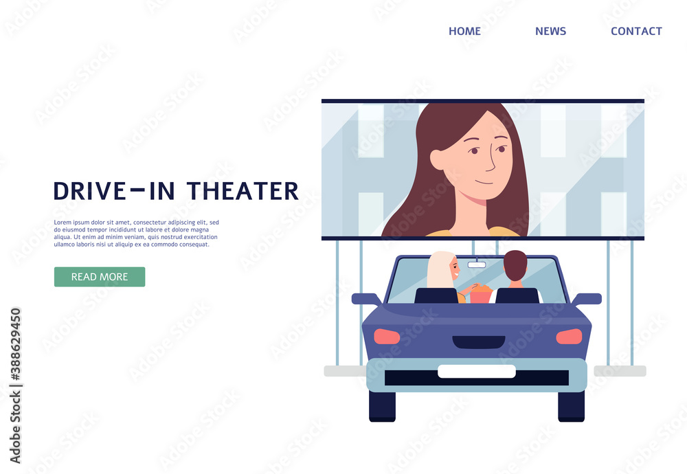 Open air cinema site with couple at in-drive cinema, flat vector illustration. Open air cinema site with couple at in-drive cinema, flat vector illustration.