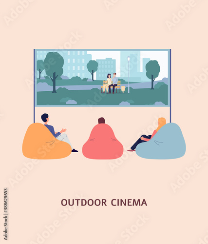 Outdoor cinema banner with people watching movie, flat vector illustration.