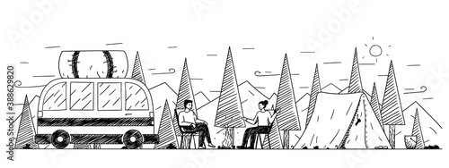 Campsite handdrawn illustration. Cartoon vector clip art of camping site and couple resting in nature with a tent. Black and white sketch of a van, trees, natural environment, tourism, campground