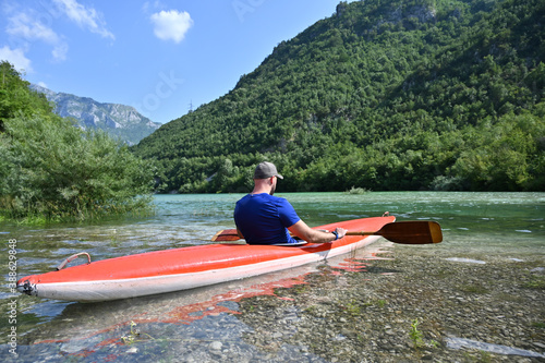 Kayak fun water sports down on river in Bosnia and Herzegovina