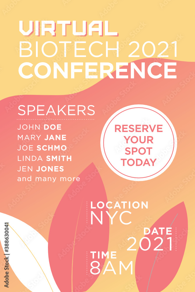 Naklejka premium Virtual Biotech Conference Poster, Trade Show Landing Page, Conference Flyer Template, Online Streaming Meeting, Gradient Leaf Poster Vector Illustration Background
