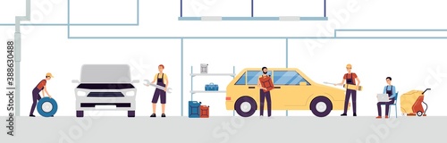 Vector illustration of works at automobile maintenance in auto service center
