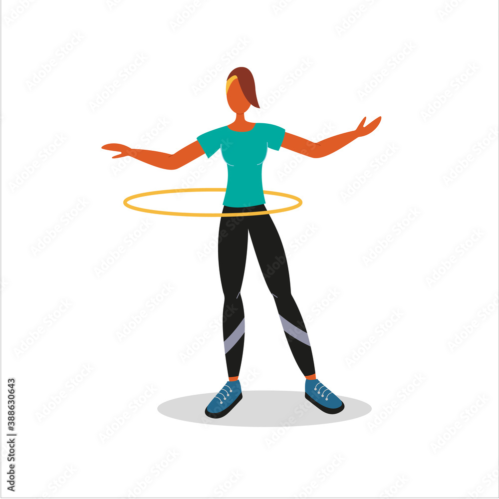 Sport woman twists hula hoop. Flat vector isolated illustration. Woman action character. Home workouts.
