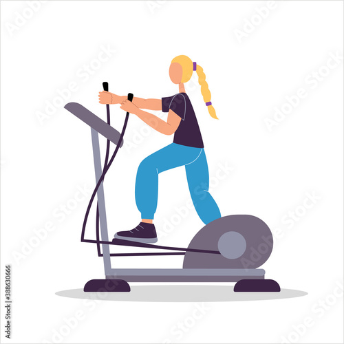 Woman working out with elliptical trainer. Flat vector isolated illustration. Action woman character.