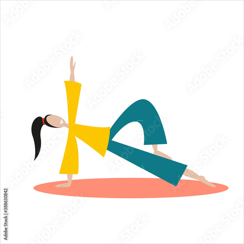 Woman practise yoga pose. Flat vector isolated on white illustration. Action woman character.