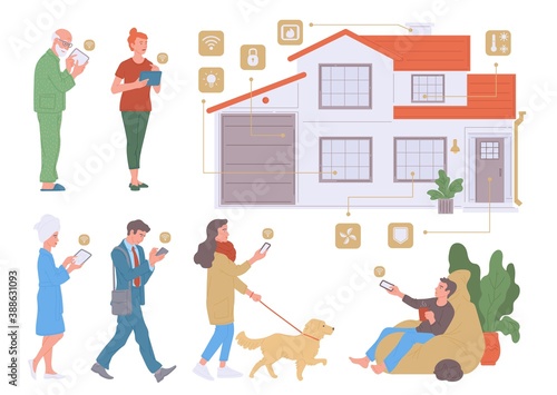 People set up and use smart home technology a vector illustration