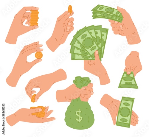 Different poses of human hands with gold coins and dollars a vector illustrations