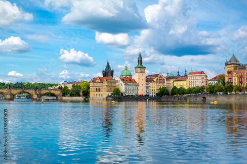 The landscape of the city of Prague view from the Vltava river on the ancient architecture of the city
