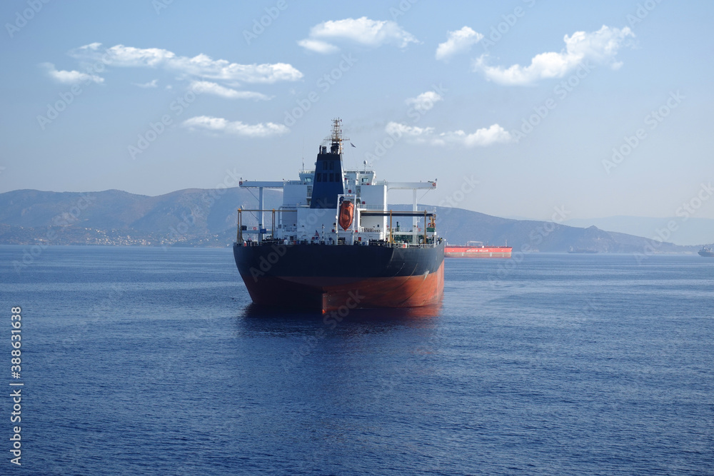 Detail photo of tanker ship anchored near port of Piraeus and island of Salamina, Saronic gulf, Attica, Greece