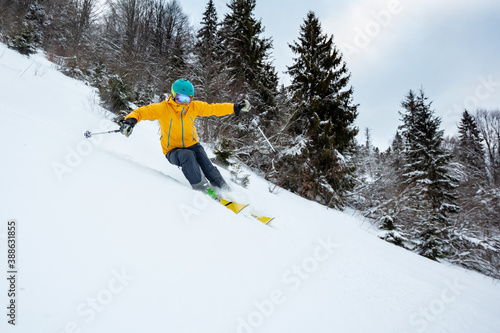 good skiing in the snowy mountains, Carpathians, Ukraine, good winter day, ski season 