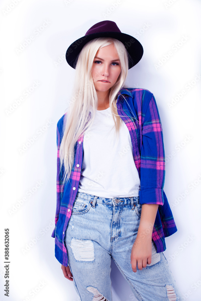young pretty blond girl hipster in hat posing smiling happy isolated on white background, lifestyle people concept young pretty blond girl hipster in hat posing smiling happy isolated on white background, lifestyle people concept