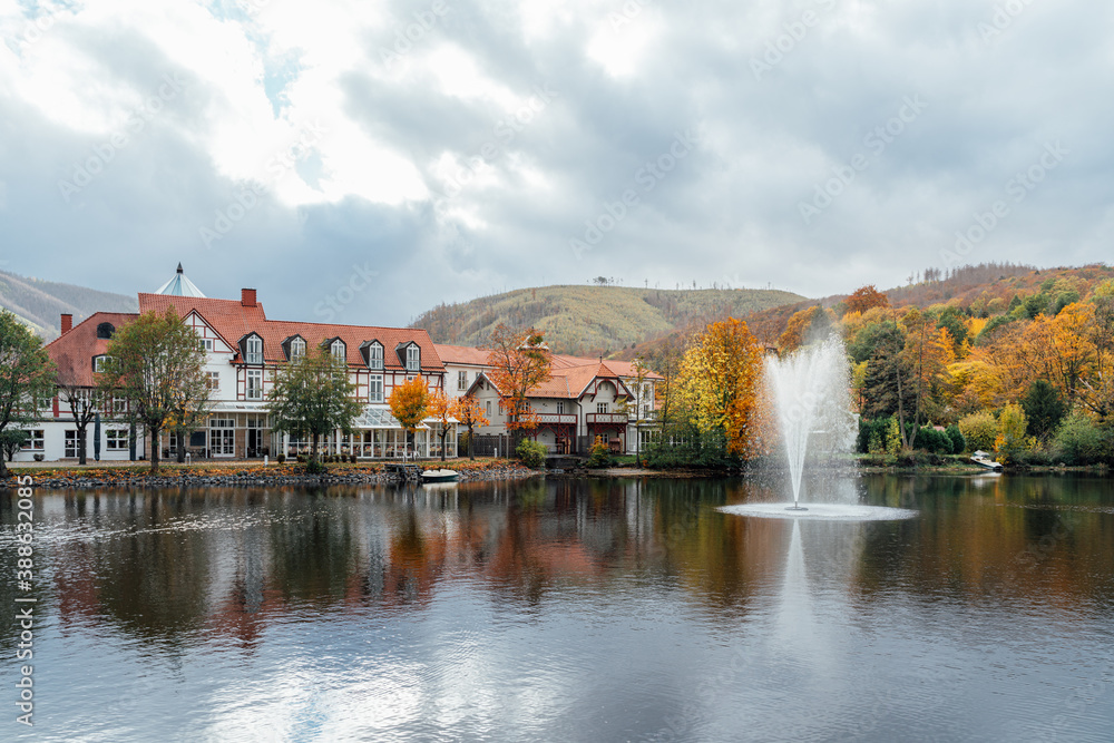 Forellenteich mit Brunnen in Ilsenburg Stock Photo Adobe Stock
