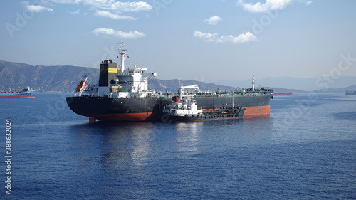 Detail photo of tanker ship anchored near port of Piraeus and island of Salamina  Saronic gulf  Attica  Greece