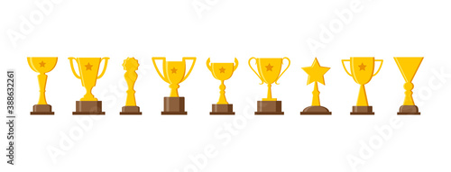 Sport trophy cup, golden award, champion icons isolated on white background. Vector illustration