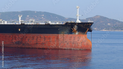 Detail photo of tanker ship anchored near port of Piraeus and island of Salamina, Saronic gulf, Attica, Greece