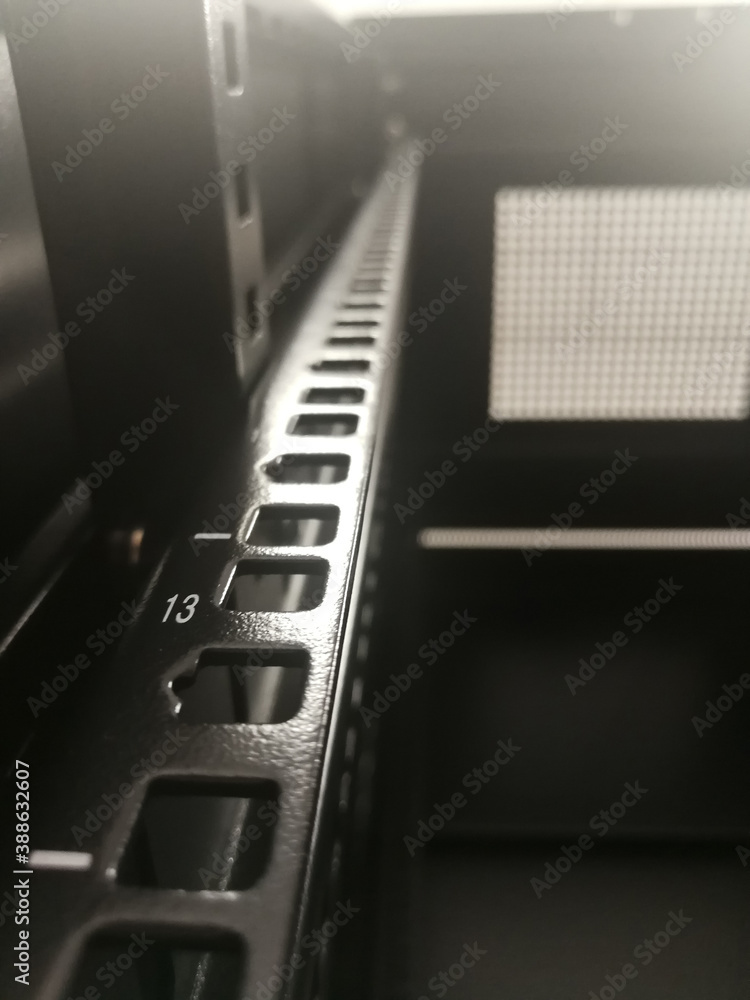 Close up detail of 19'' industrial rack for telecommunication Close up detail of 19'' industrial rack for telecommunication