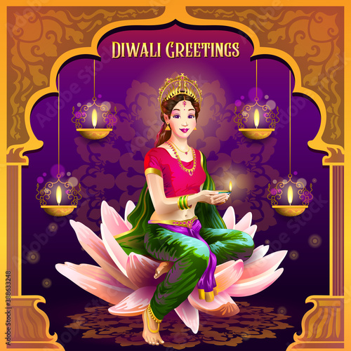 Diwali Greetings with girl posing with lamp