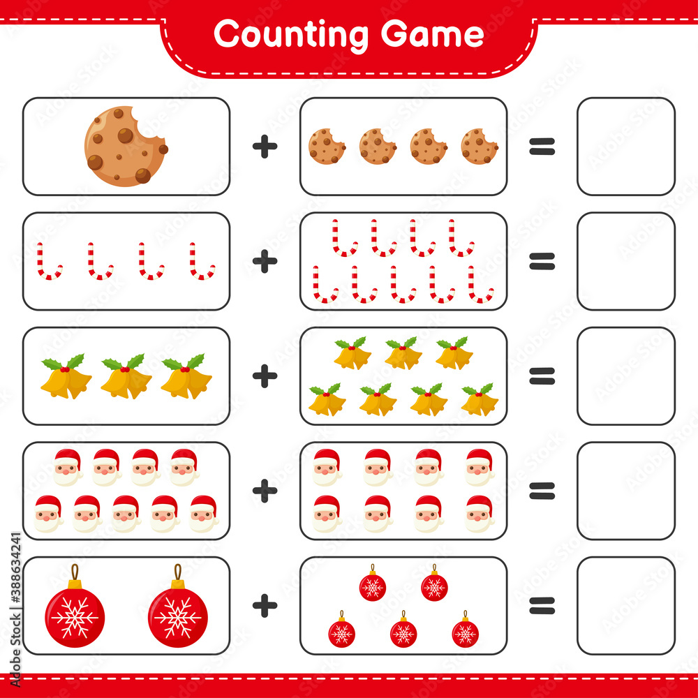 Counting game, count the number of christmas decoration and write the result. Educational children game, printable worksheet, vector illustration