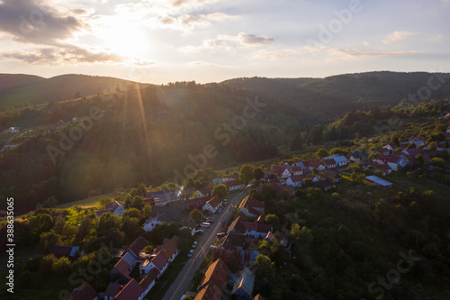 Aerial drone photograph of Garana village .(also known as Wolfberg from it's germanic population) in autumn season at sunset photo