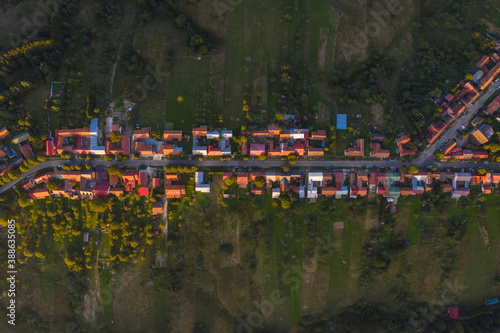 Aerial drone photograph of Garana village .(also known as Wolfberg from it's germanic population) in autumn season at sunset photo