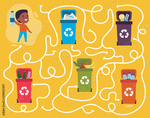 Recycling maze for kids with a solution.Labyrinth game to find way of plastic waste to proper container.Eco and environment friendly eduction.Connect recycle can and garbage puzzle.Vector.