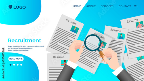 Recruitment .Personnel selection.A businessman reviews and studies profiles and resumes of potential employees.The concept of hiring new employees.Flat vector illustration.The template of the landing 